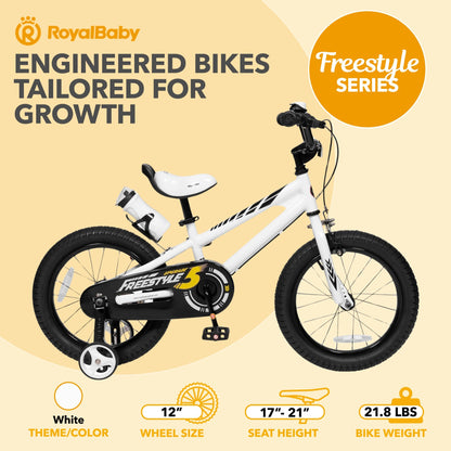RoyalBaby Freestyle Outdoor Kid's Bicycle with Training Wheels, 12 Inch, White