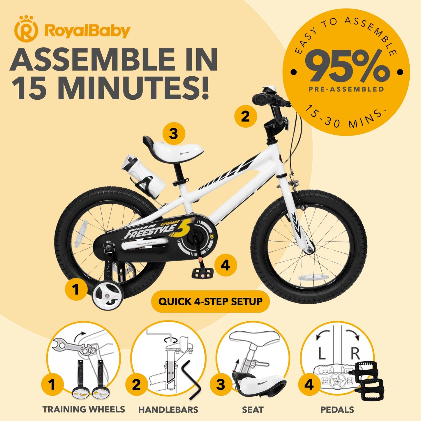 RoyalBaby Freestyle Outdoor Kid's Bicycle with Training Wheels, 12 Inch, White