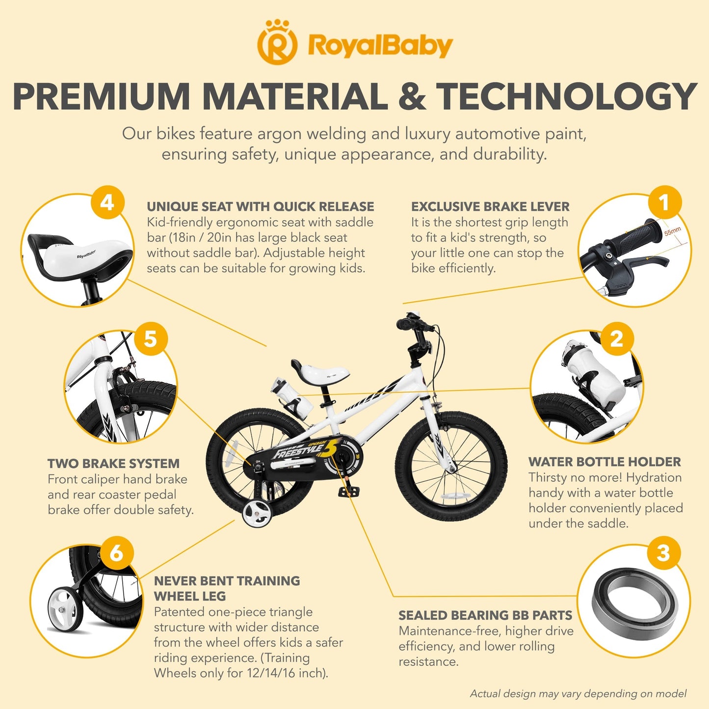 RoyalBaby Freestyle Outdoor Kid's Bicycle with Training Wheels, 12 Inch, White