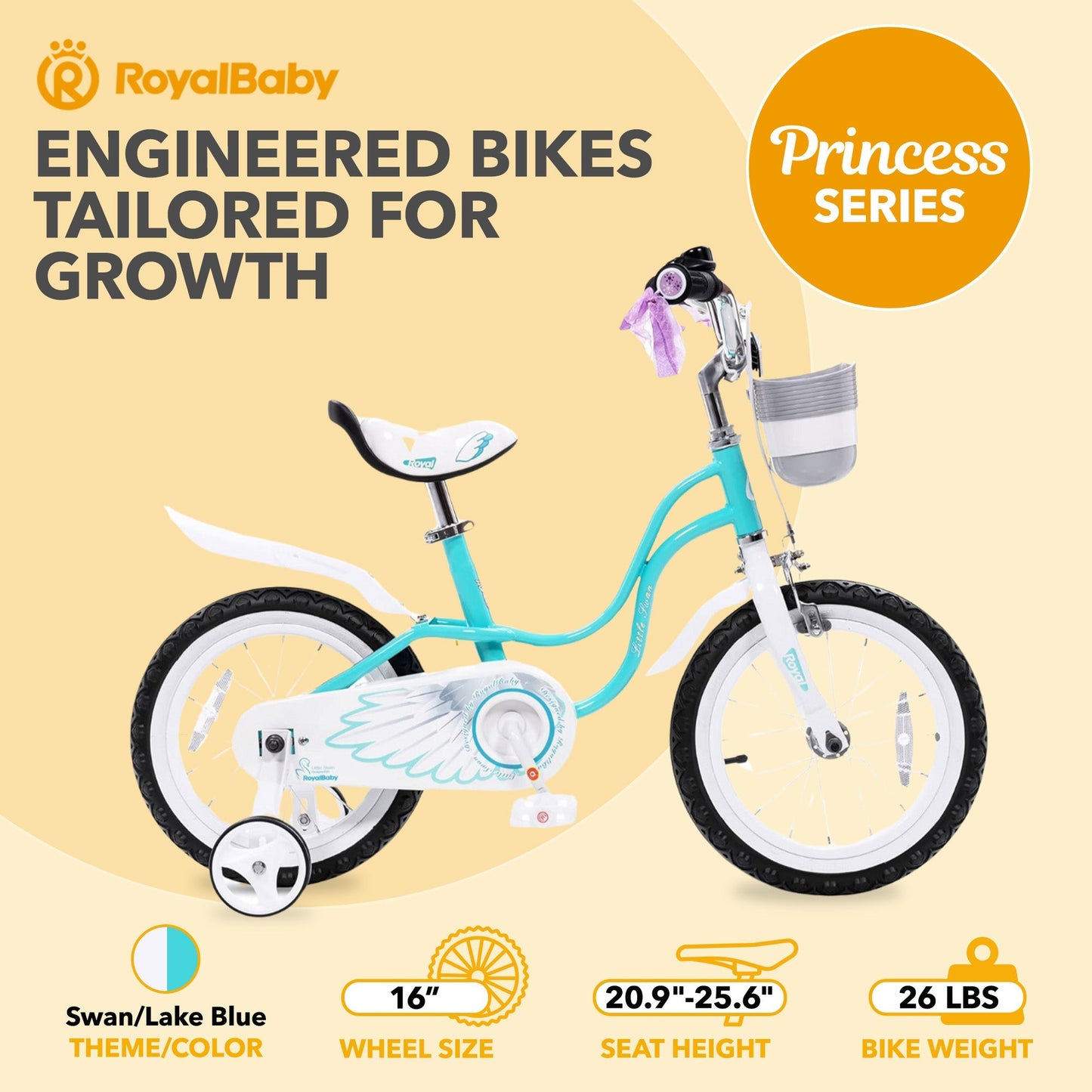 RoyalBaby Princess Girl Bicycle 16" with Training Wheels & Kickstand, Swan/Blue