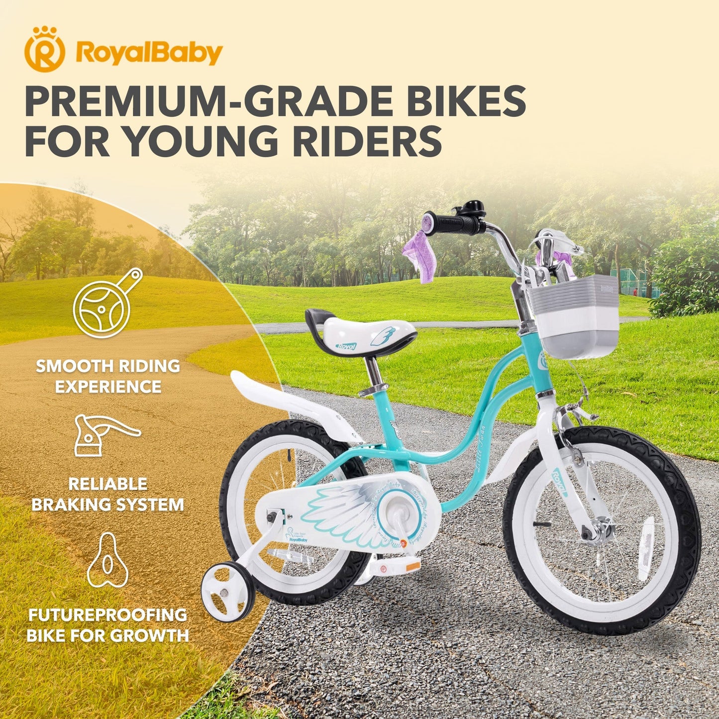 RoyalBaby Princess Girl Bicycle 16" with Training Wheels & Kickstand, Swan/Blue