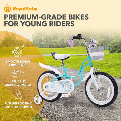 RoyalBaby Princess Girl Bicycle 16" with Training Wheels & Kickstand, Swan/Blue