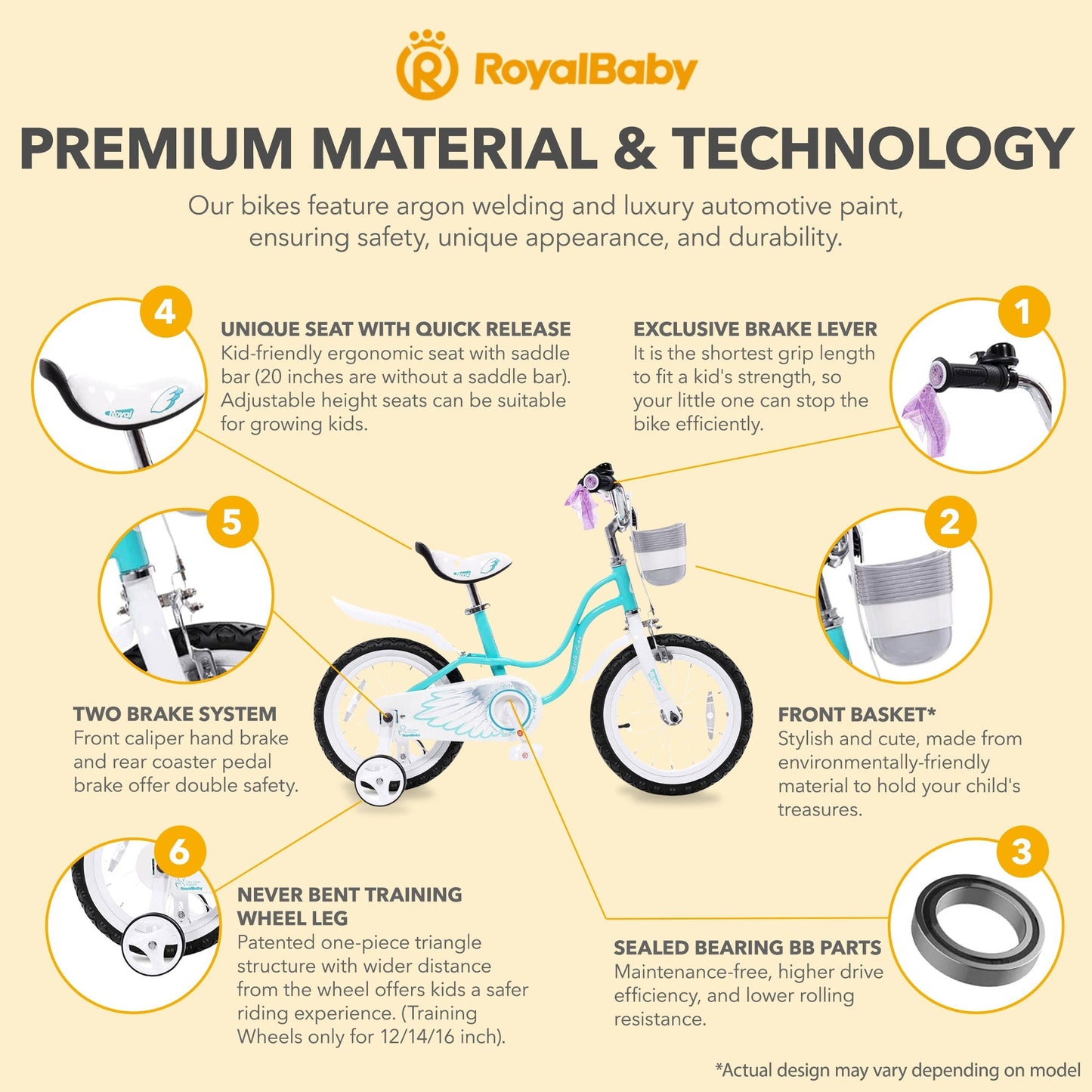 RoyalBaby Princess Girl Bicycle 16" with Training Wheels & Kickstand, Swan/Blue