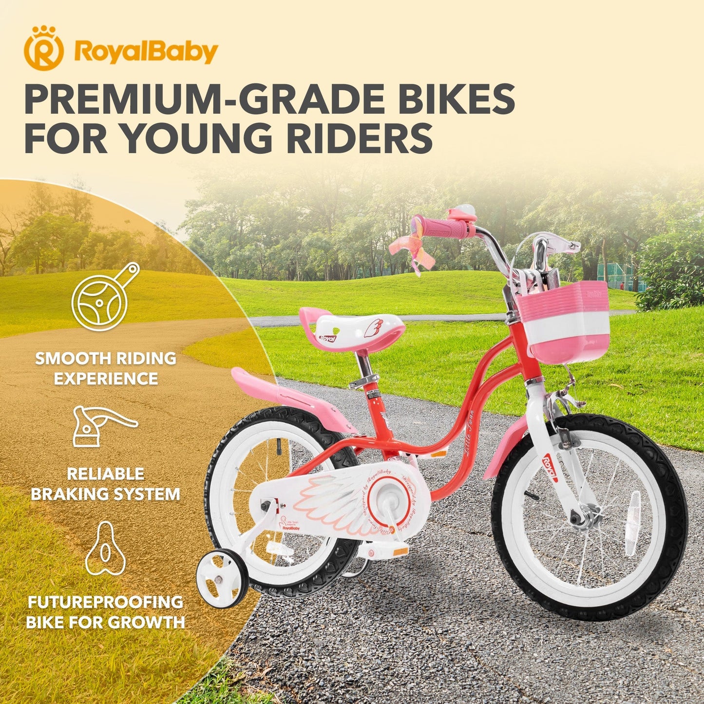 RoyalBaby Princess Girl Bicycle 16" with Training Wheels & Kickstand, Swan/Red