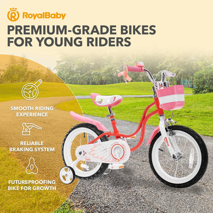 RoyalBaby Princess Girl Bicycle 16" with Training Wheels & Kickstand, Swan/Red