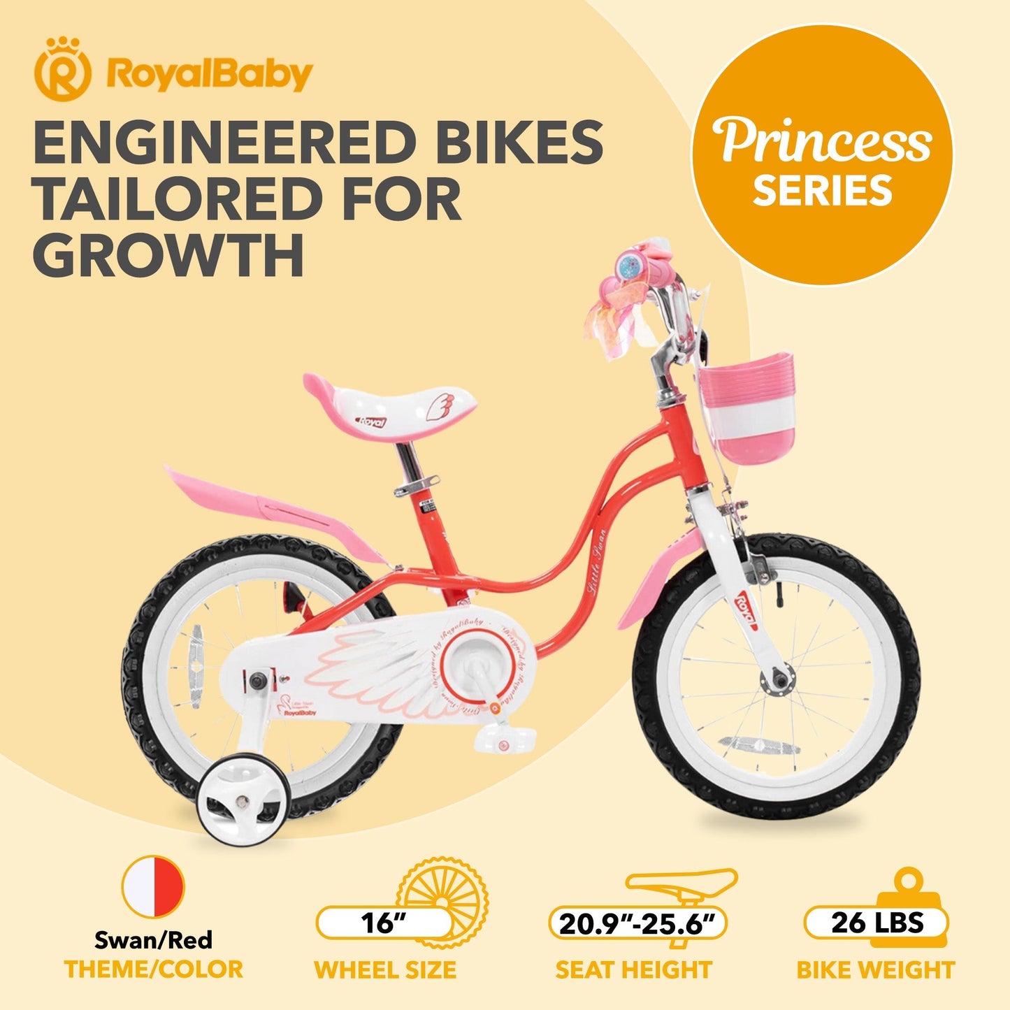 RoyalBaby Princess Girl Bicycle 16" with Training Wheels & Kickstand, Swan/Red