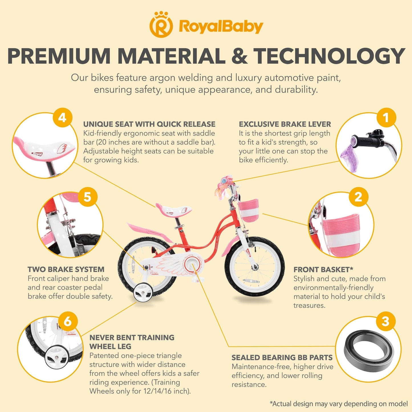 RoyalBaby Princess Girl Bicycle 16" with Training Wheels & Kickstand, Swan/Red