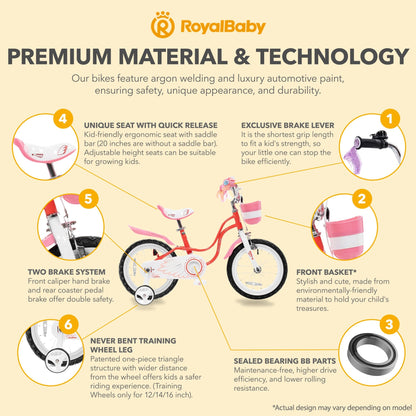 RoyalBaby Princess Girl Bicycle 16" with Training Wheels & Kickstand, Swan/Red