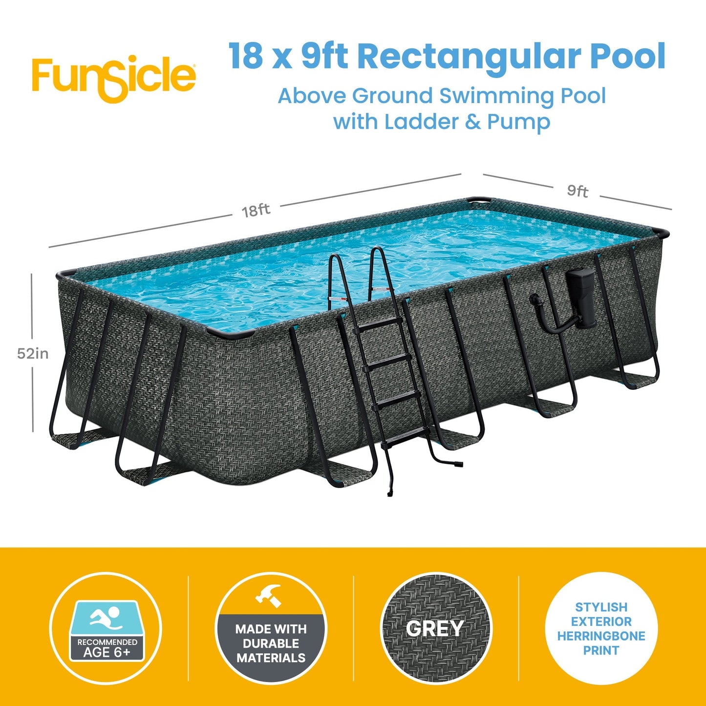 Funsicle 18' x 9' x 52" Oasis Rectangular Swimming Pool Set with 18' Cover, Gray
