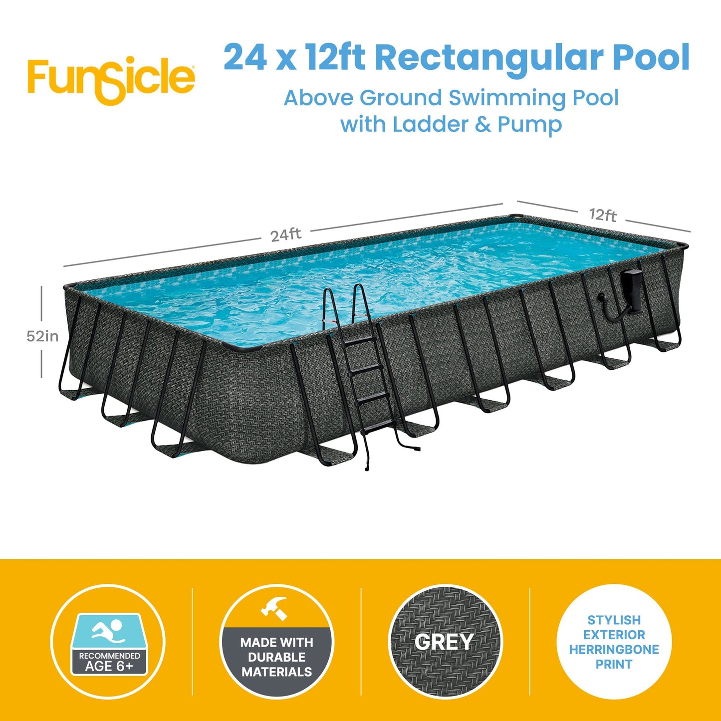 Funsicle 24'x12'x52" Oasis Rectangular Swimming Pool Set with 24' Cover, Gray