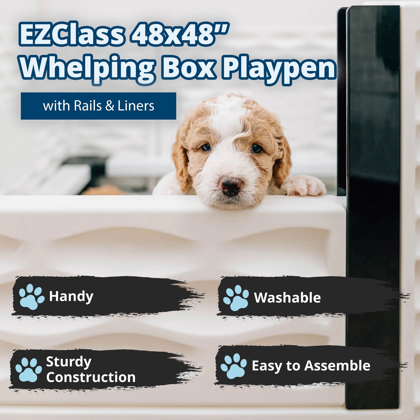 EZwhelp EZclassic 48" x 48" Dog Whelping Box Tall Playpen with Rails, Black