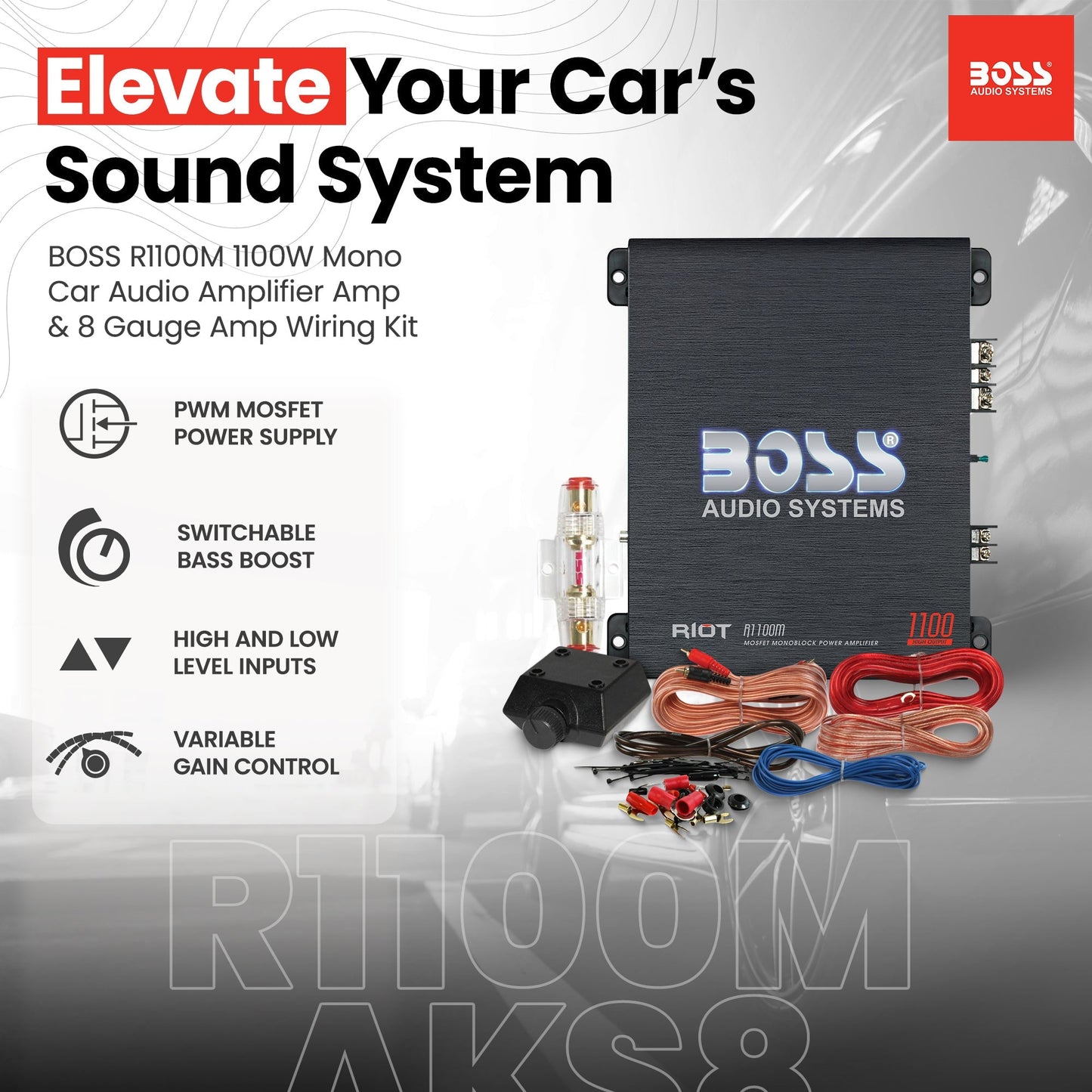 New BOSS R1100M 1100W Mono Car Audio Amplifier Amp & 8 Gauge Amp Wiring Kit - Find Fresh Goods