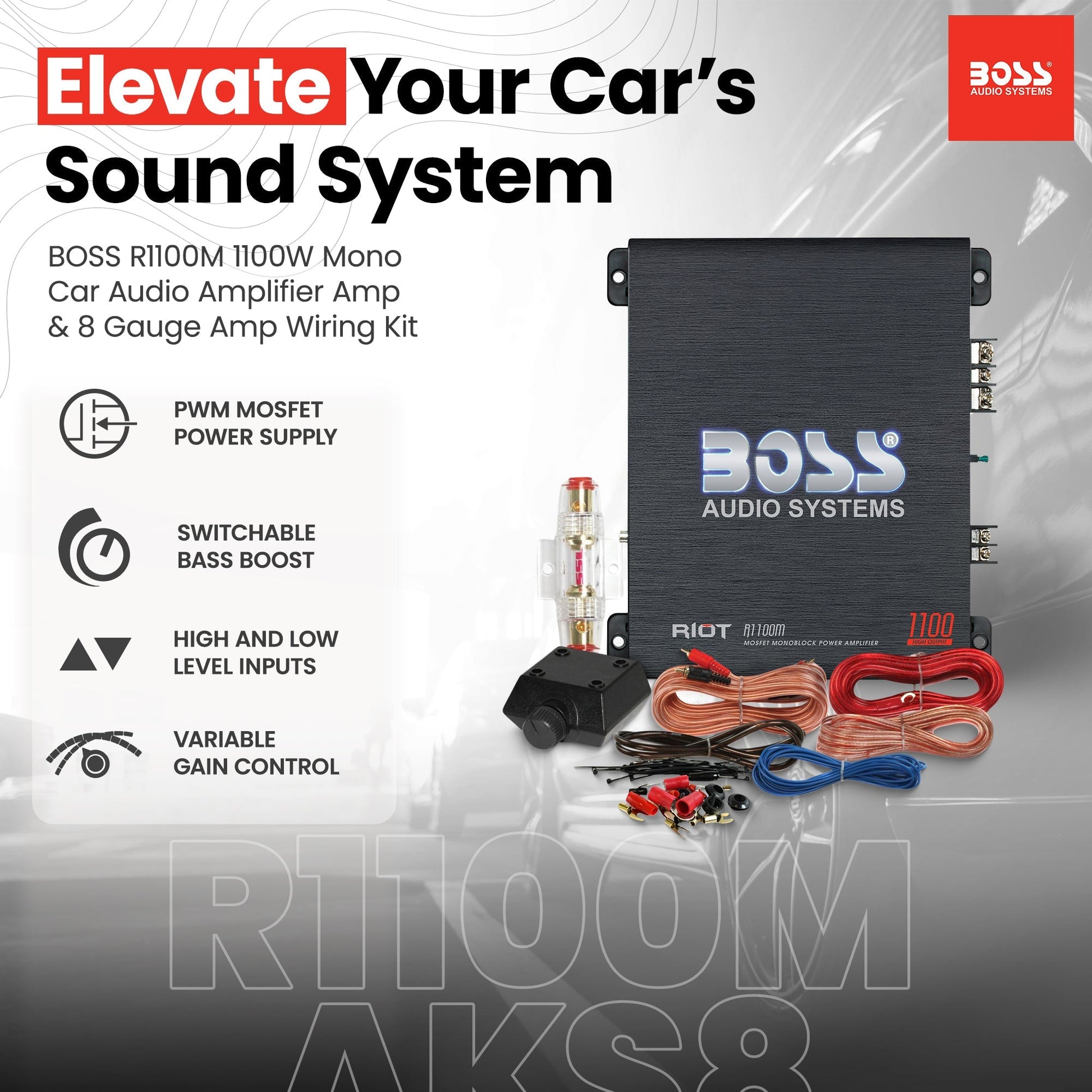 New BOSS R1100M 1100W Mono Car Audio Amplifier Amp & 8 Gauge Amp Wiring Kit - Find Fresh Goods