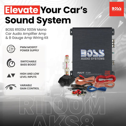 New BOSS R1100M 1100W Mono Car Audio Amplifier Amp & 8 Gauge Amp Wiring Kit - Find Fresh Goods