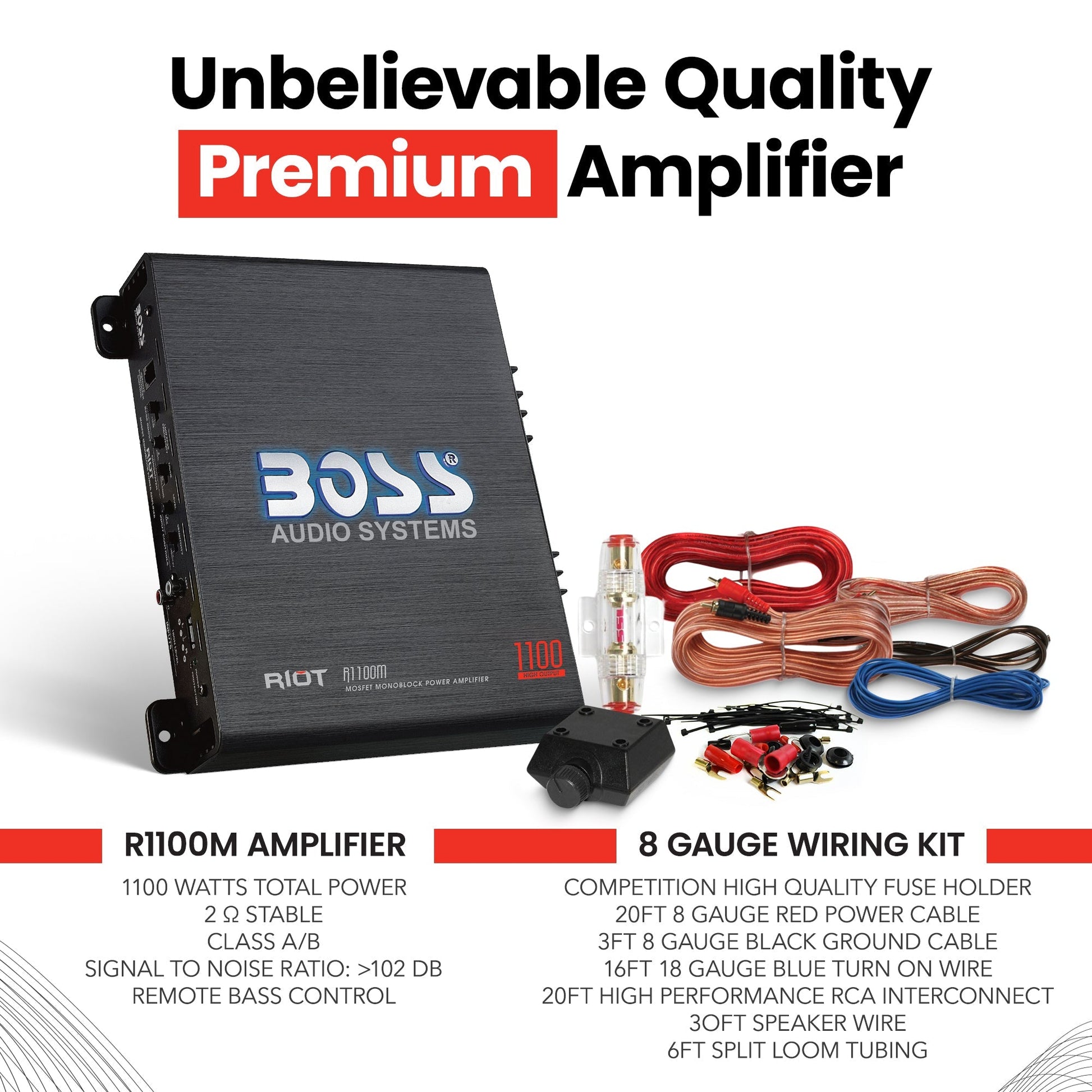 New BOSS R1100M 1100W Mono Car Audio Amplifier Amp & 8 Gauge Amp Wiring Kit - Find Fresh Goods