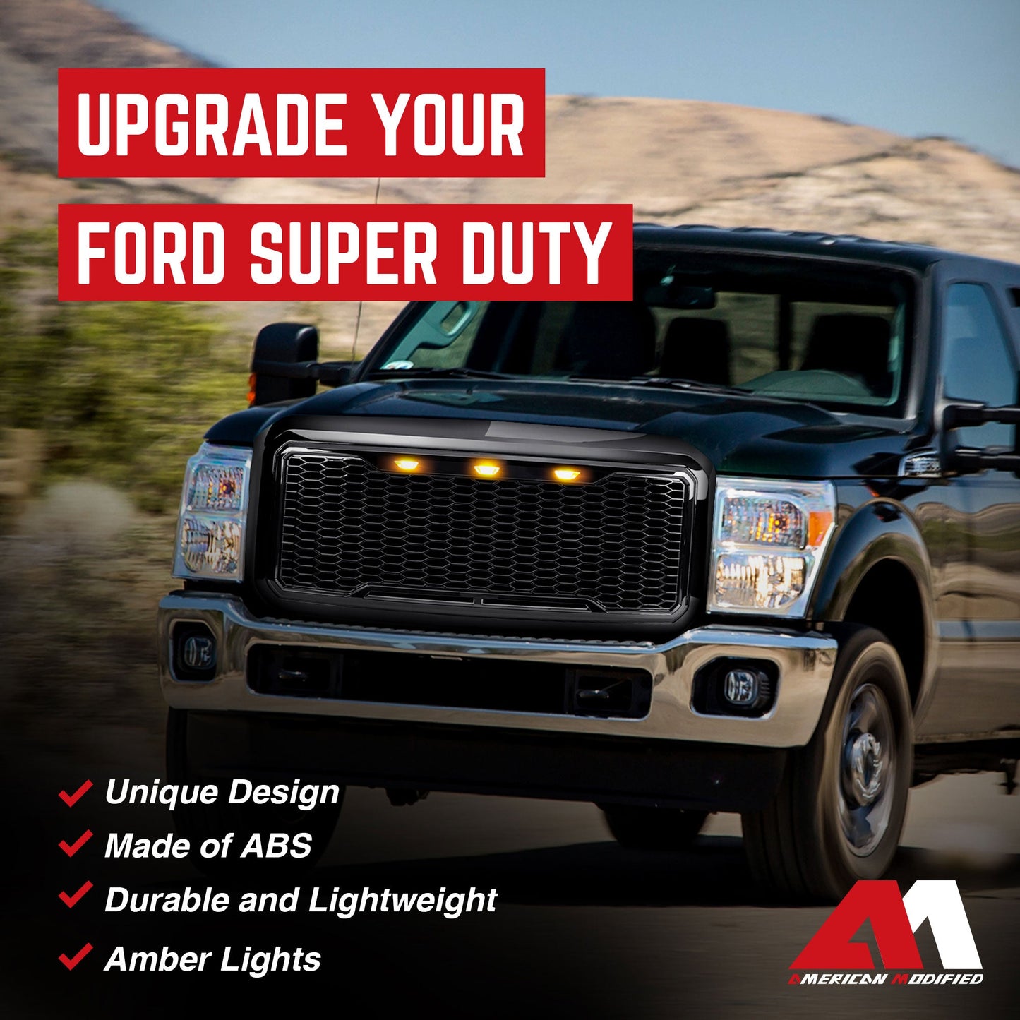 AMERICAN MODIFIED Front Grille for 2011-2016 Ford F250/350/450/550, Glossy Black - Find Fresh Goods