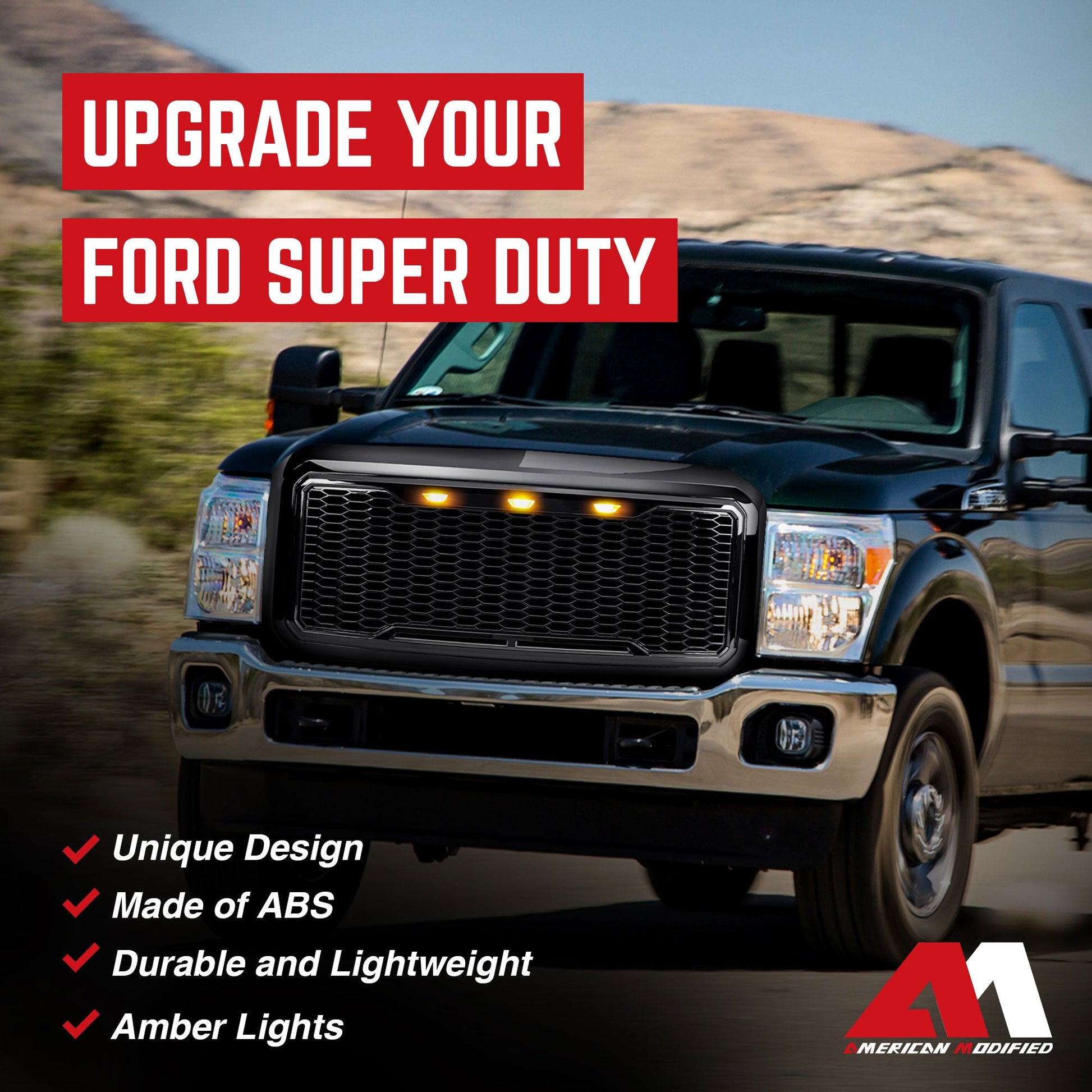 AMERICAN MODIFIED Front Grille for 2011-2016 Ford F250/350/450/550, Glossy Black - Find Fresh Goods