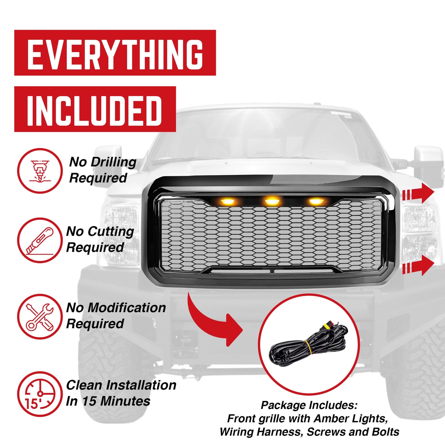 AMERICAN MODIFIED Front Grille for 2011-2016 Ford F250/350/450/550, Glossy Black - Find Fresh Goods