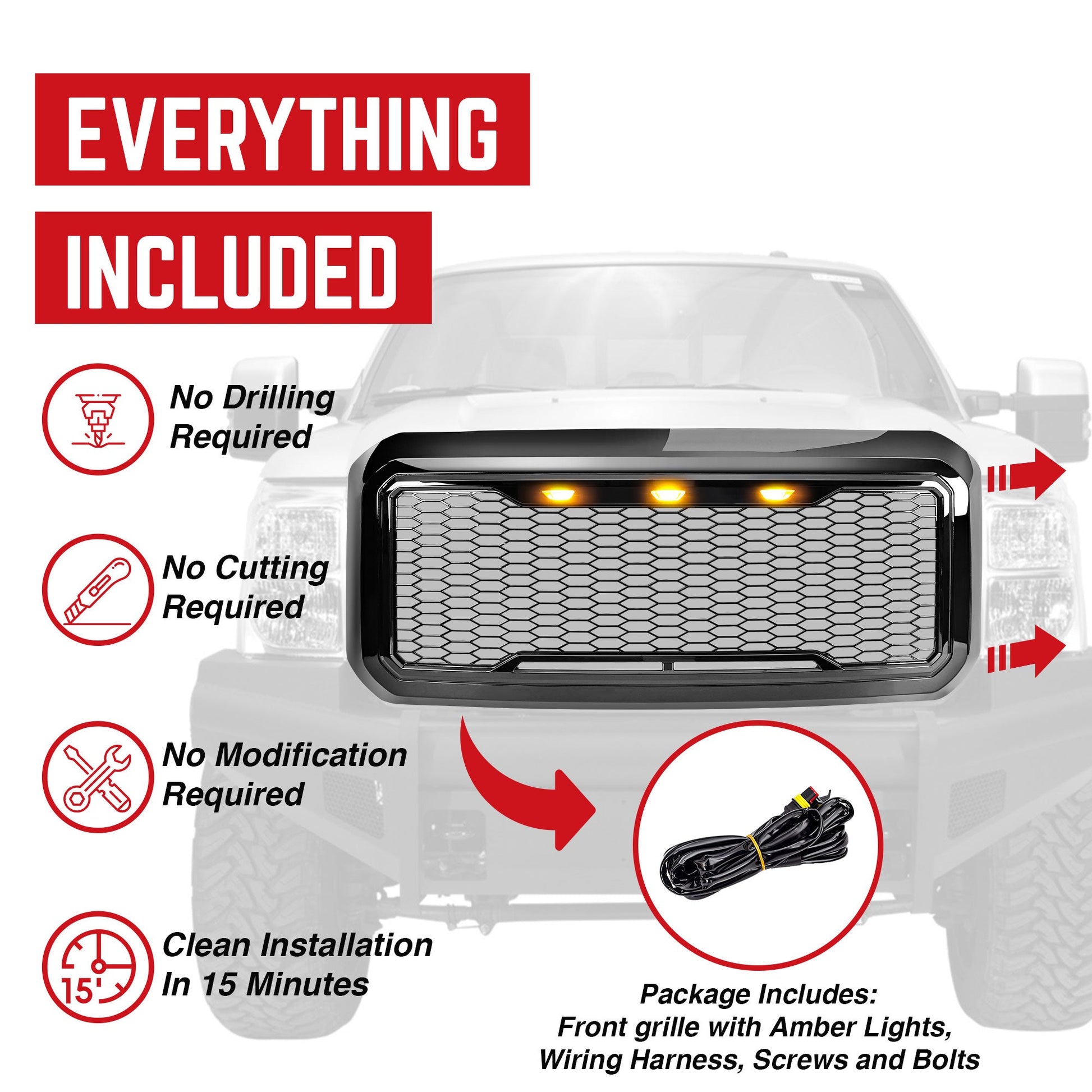 AMERICAN MODIFIED Front Grille for 2011-2016 Ford F250/350/450/550, Glossy Black - Find Fresh Goods