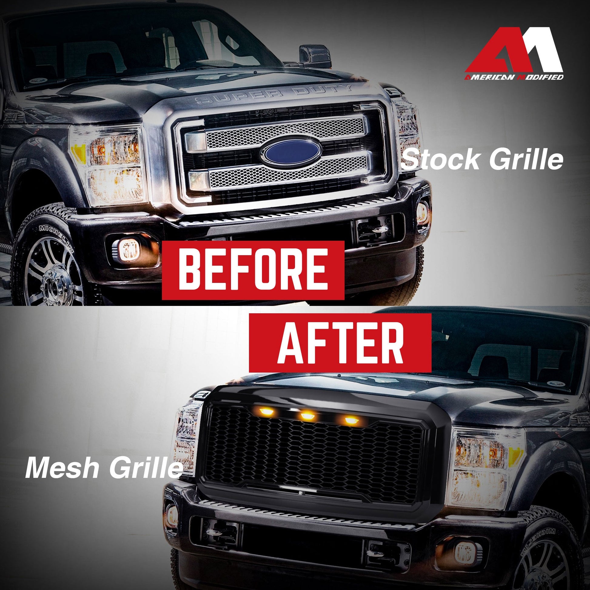 AMERICAN MODIFIED Front Grille for 2011-2016 Ford F250/350/450/550, Glossy Black - Find Fresh Goods