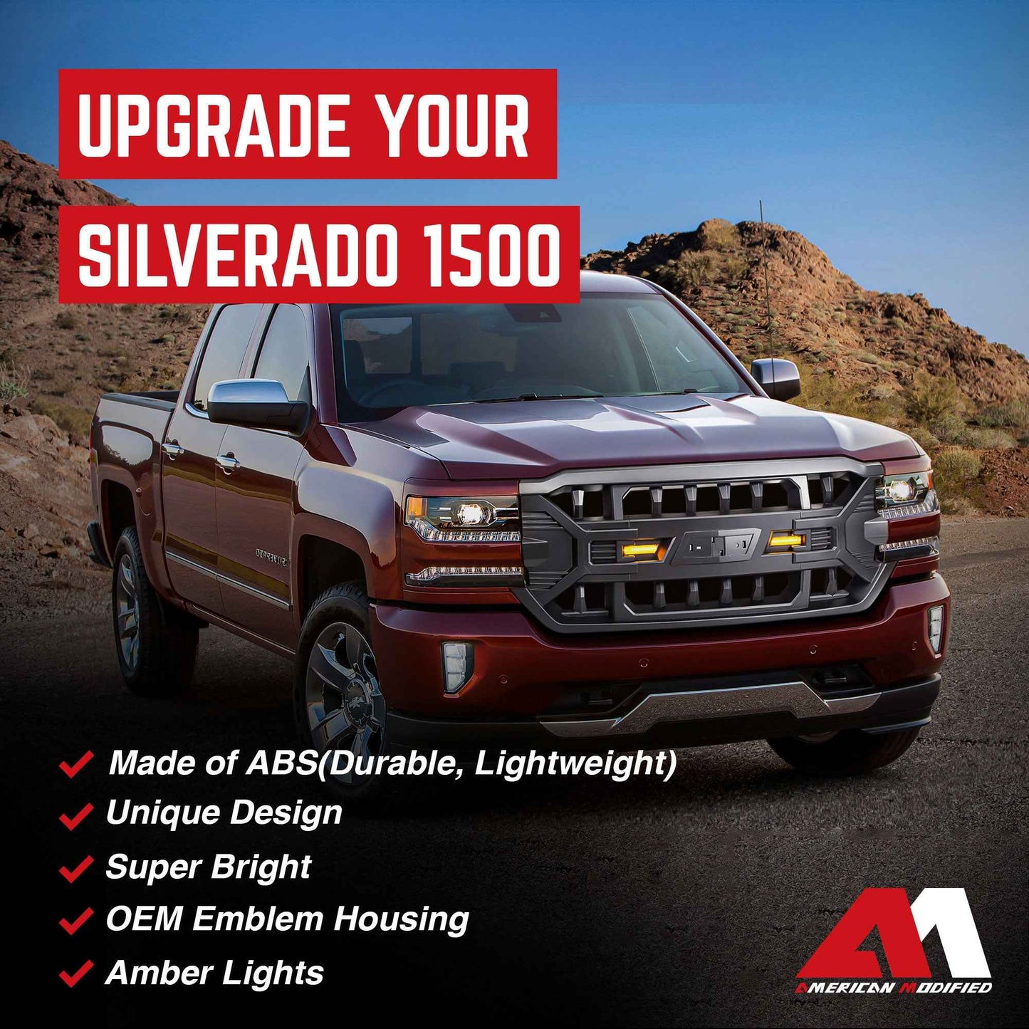 AMERICAN MODIFIED Armor Grille for 2016-2019 Chevy Silverado 1500, Matte Black