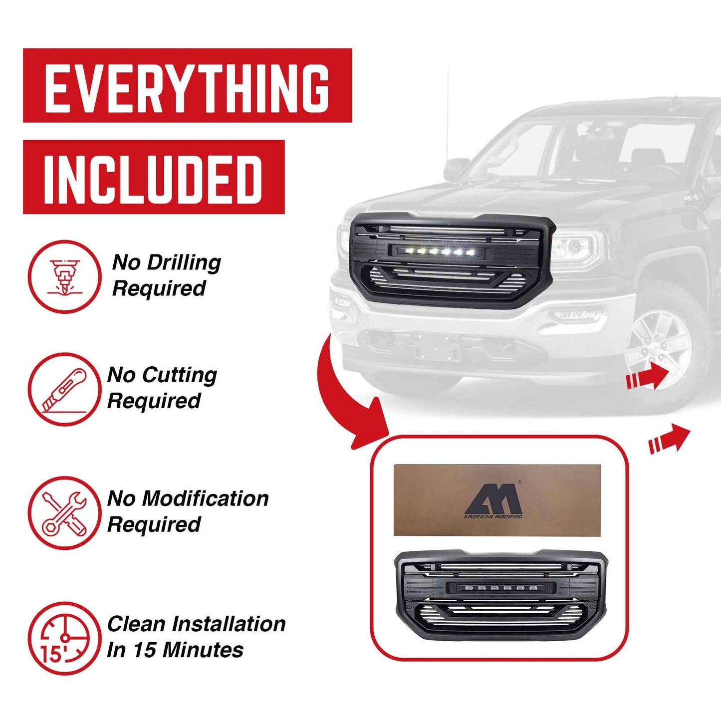 AMERICAN MODIFIED Armor Grille for 2016 to 2018 GMC Sierra 1500, Matte Black