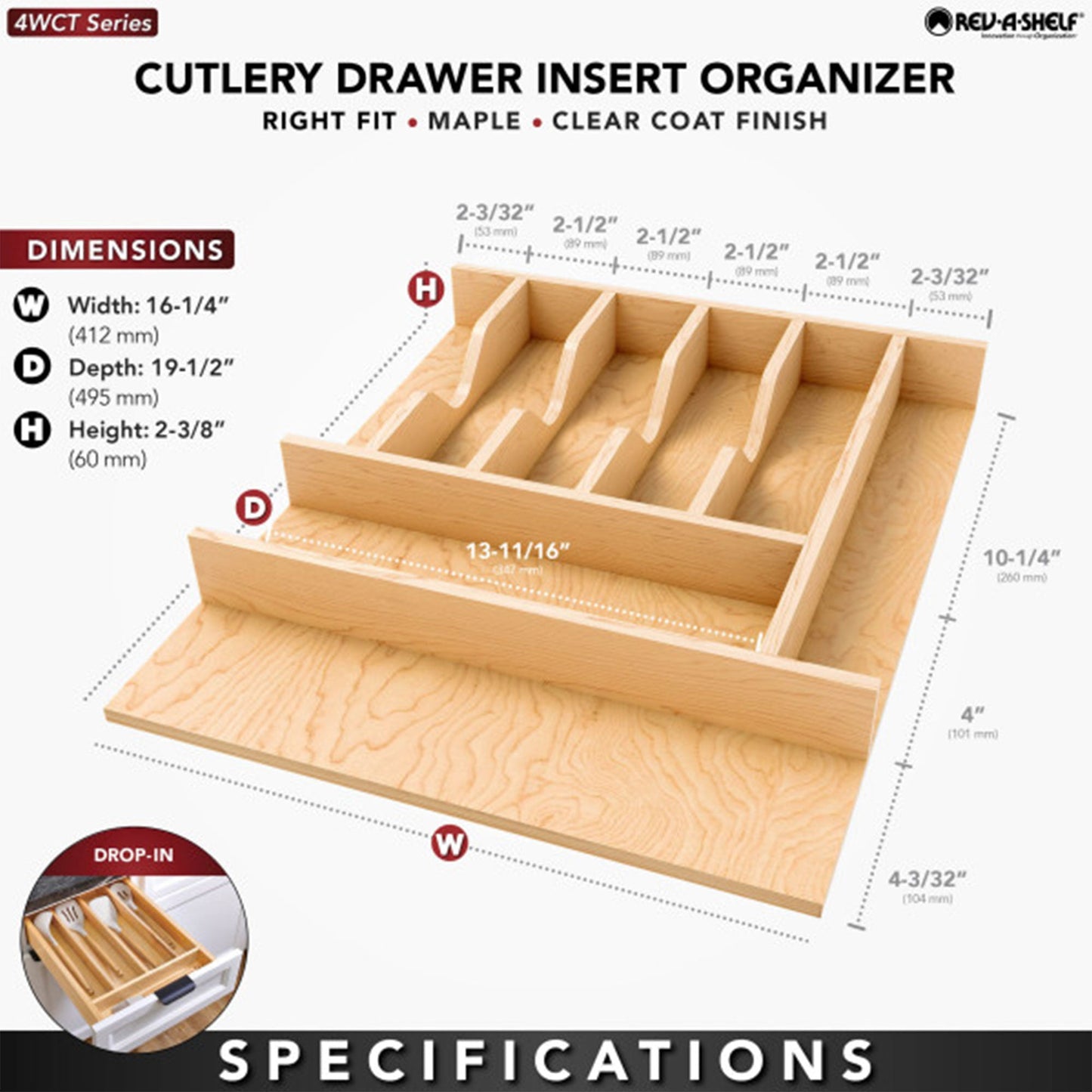 Rev-A-Shelf Natural Maple Right Size Utensil Drawer Insert, 16-1/4" x 19-1/2"