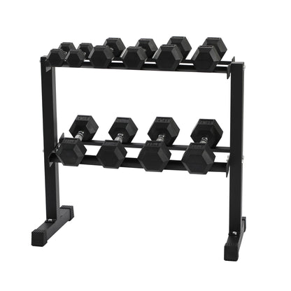 HolaHatha 150 Pound Rubber Encased Dumbbell Strength Training Weight Set w/ Rack
