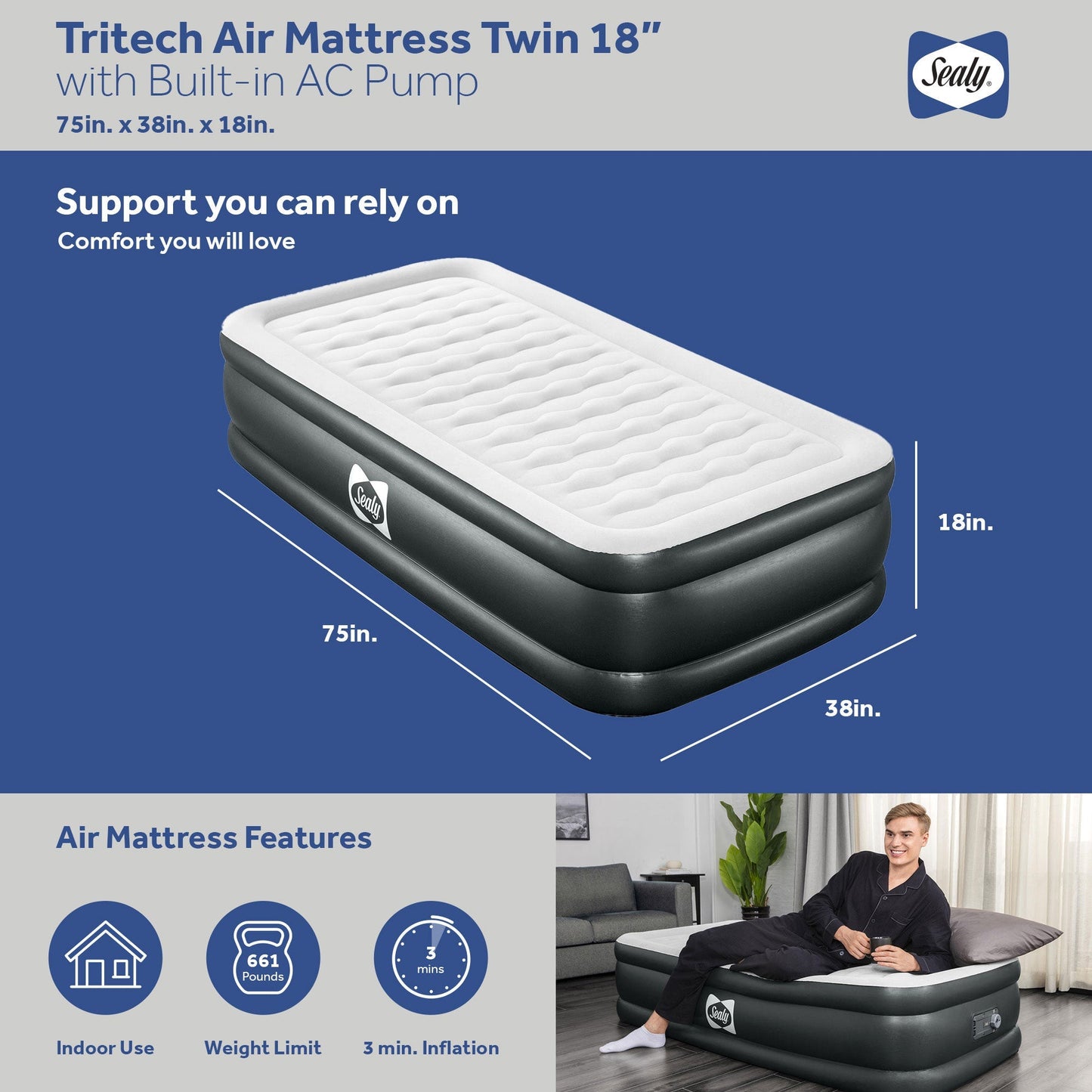 Sealy Tritech Twin 18" Air Mattress Bed 2 Person with Built-In AC Pump, 2 Pack