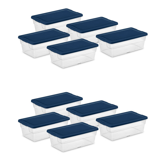 Sterilite Stackable 6 Qt Storage Box Container with Lid, Marine Blue (10 Pack)