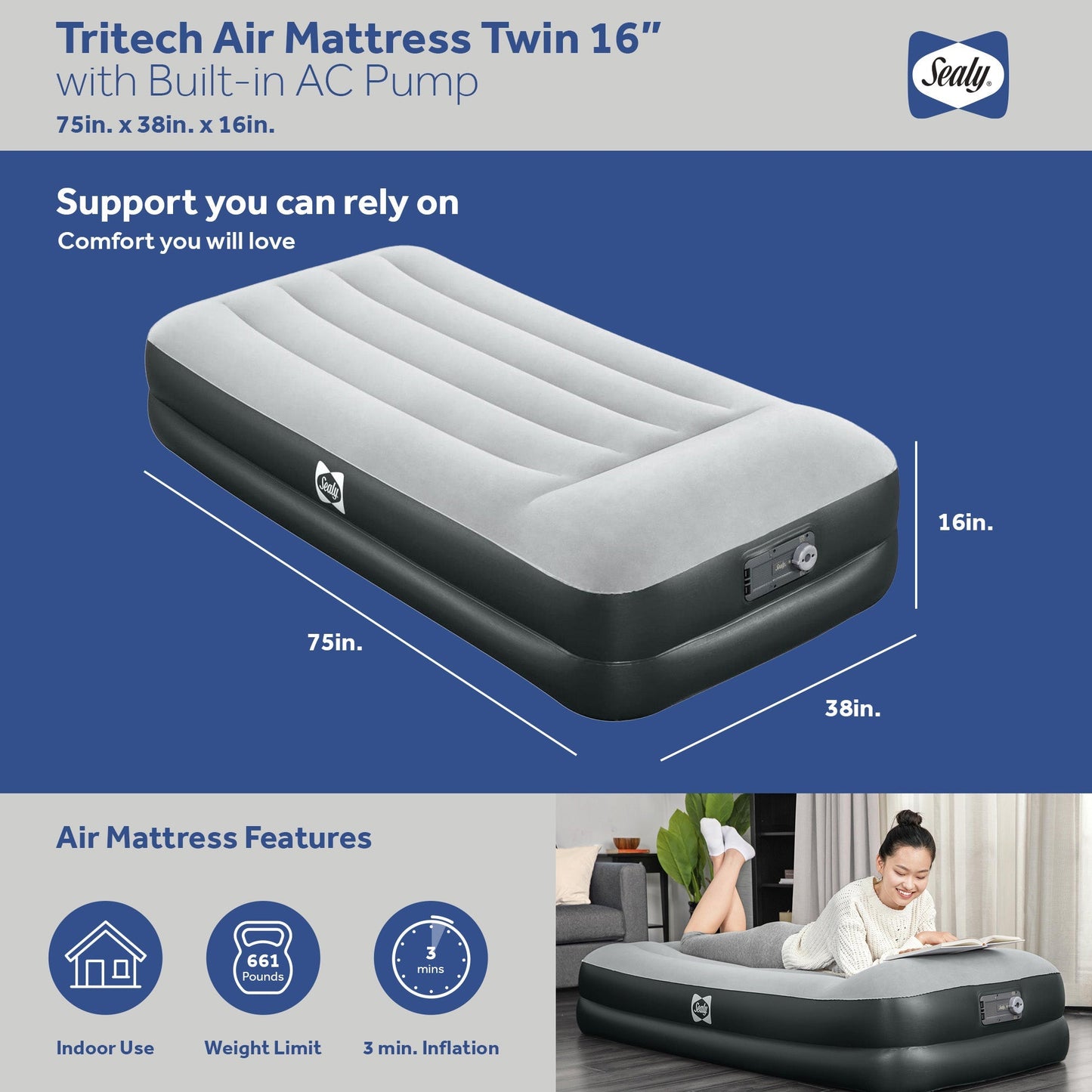 Sealy Tritech 16 Inch Air Mattress Bed 2 Person with Built-In AC Pump, 2 Pack
