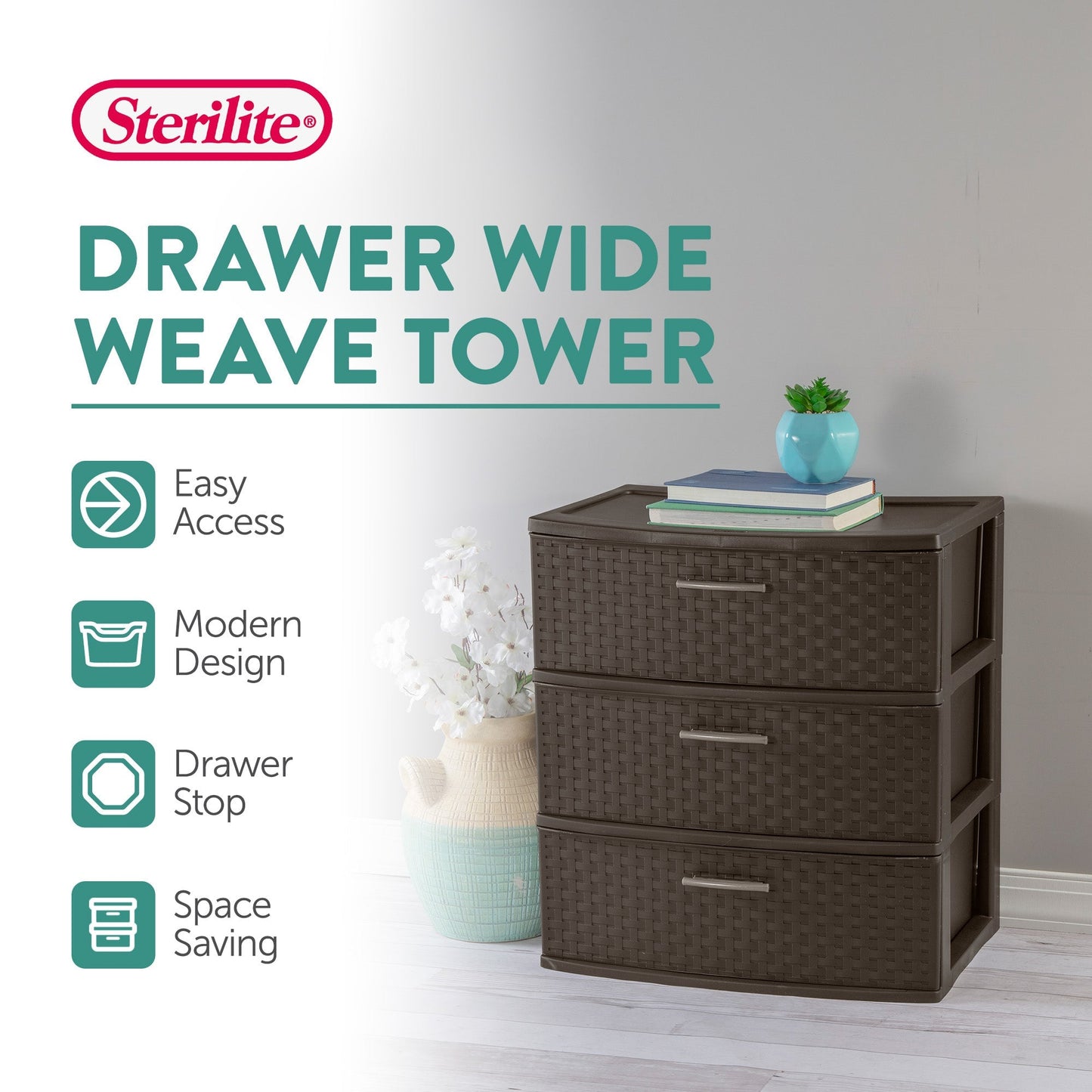 Sterilite 3 Drawer Wide Weave Storage Tower Plastic Organizer Drawers (2 Pack)