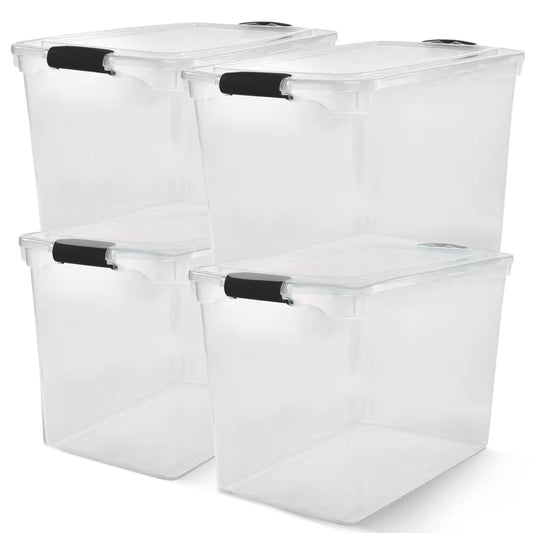 HOMZ 112 Quart Latching Plastic Storage Container, Extra Large, Clear (4 Pack)