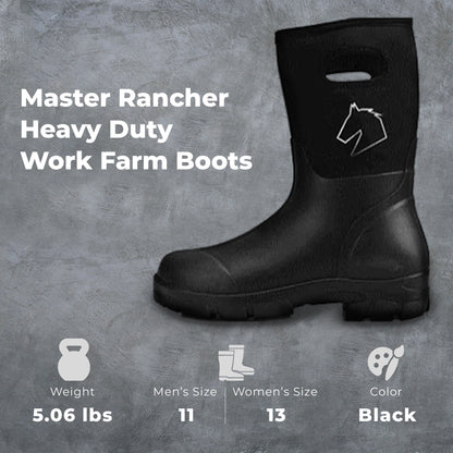 Master Rancher Heavy Duty Work Farm Boots Unisex Men's 11 Women's 13, Black