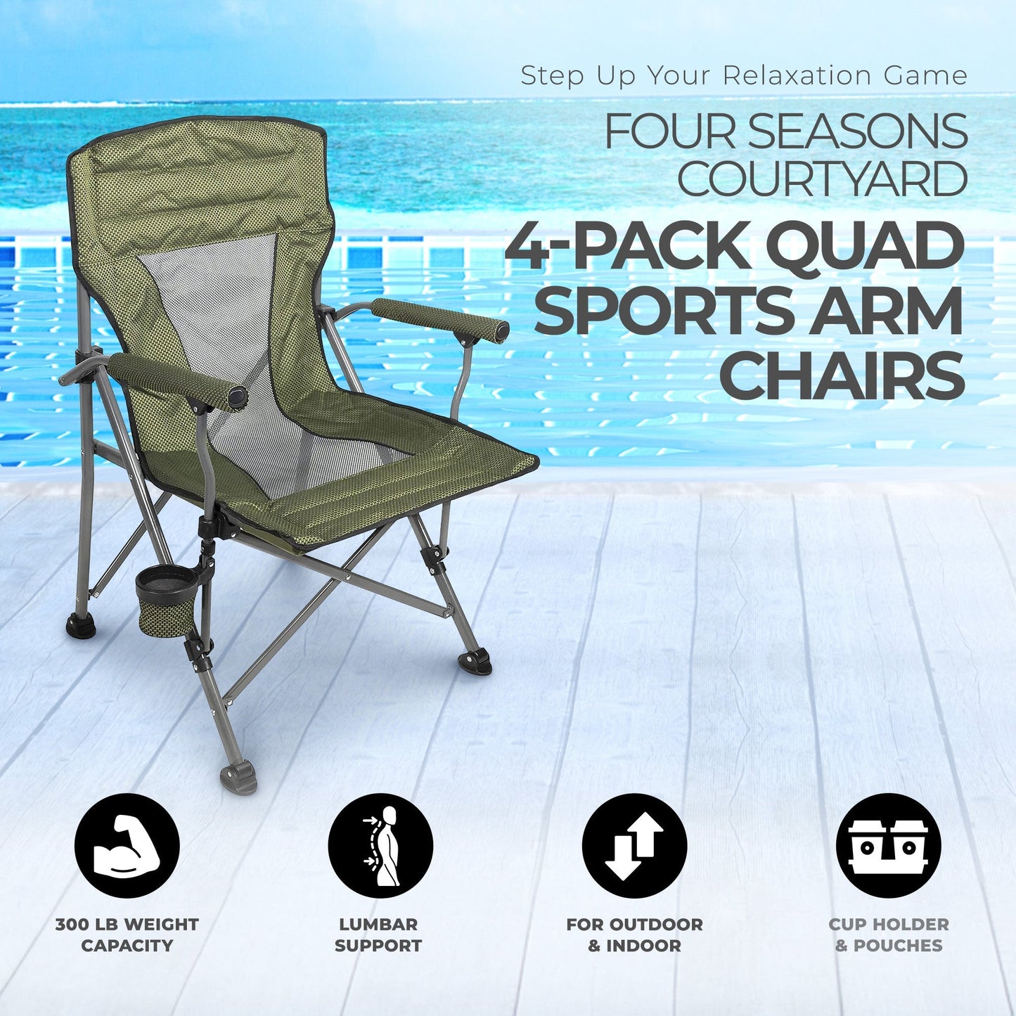 Four Seasons Courtyard Quad Sports Oversized Folding Arm Chairs, 4 Pack, Green