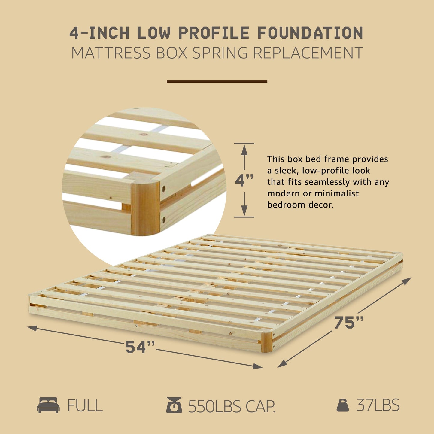 Hercules 4 Inch Low Profile Foundation Mattress Box Spring Replacement, Full