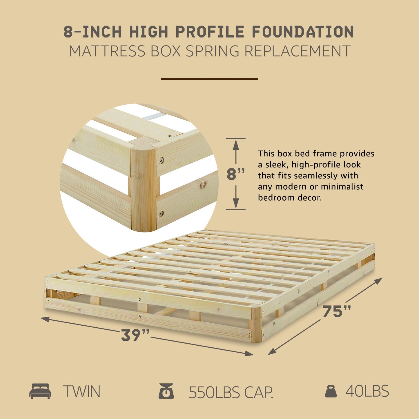 Hercules 8 Inch High Profile Foundation Mattress Box Spring Replacement, Twin