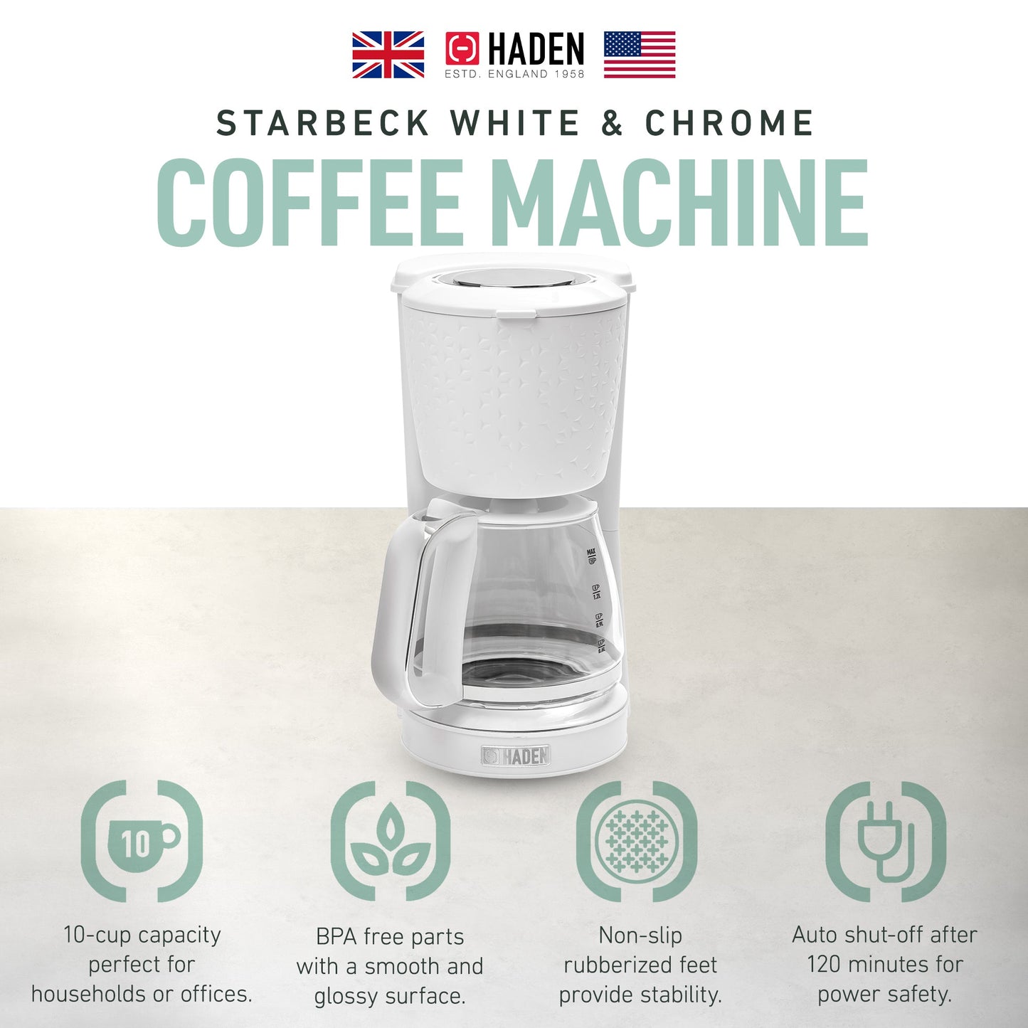 Haden Starbeck Coffee Machine, 10 Cup Automatic Coffee Maker, White & Chrome