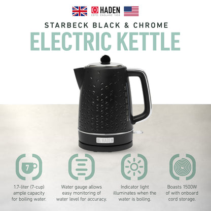 Haden Starbeck 1.7 Liter Stainless Steel Electric Water Kettle, Black & Chrome