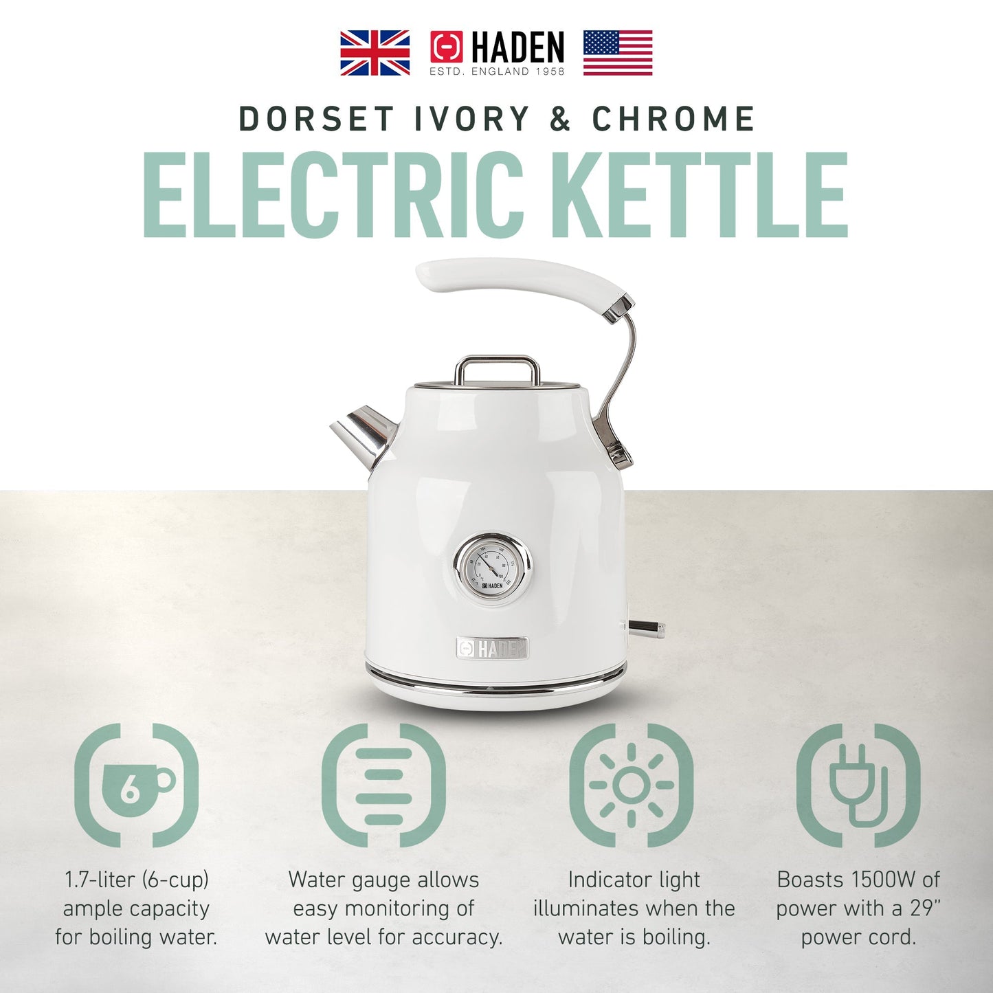 Haden Dorset 1.7 Liter Electric Water Kettle w/ 360-Degree Base, Ivory & Chrome