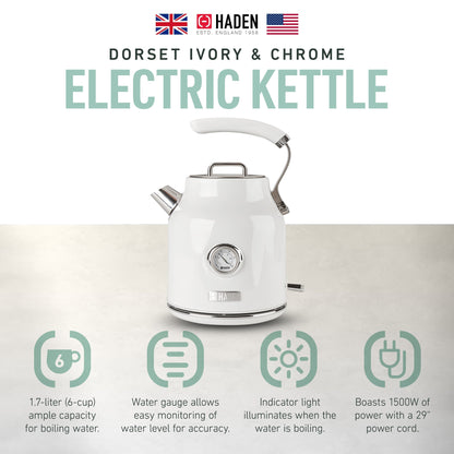 Haden Dorset 1.7 Liter Electric Water Kettle w/ 360-Degree Base, Ivory & Chrome