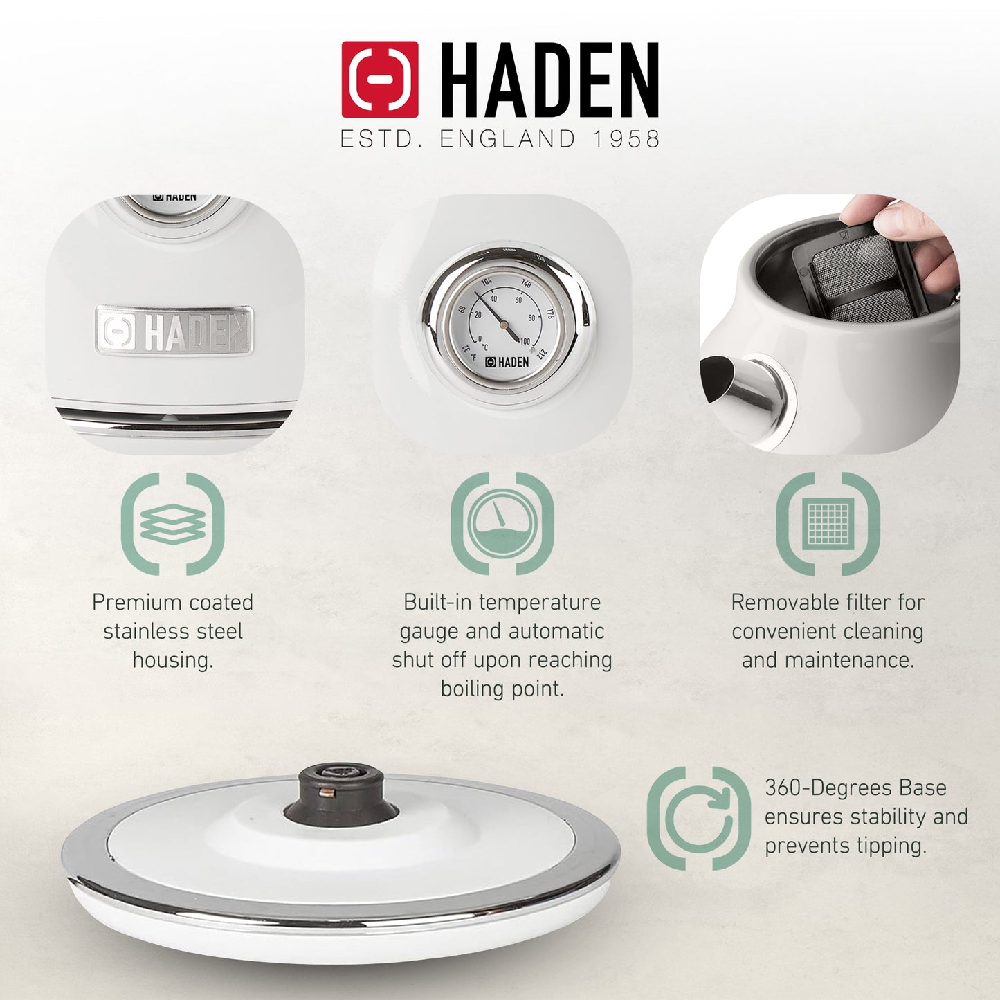 Haden Dorset 1.7 Liter Electric Water Kettle w/ 360-Degree Base, Ivory & Chrome