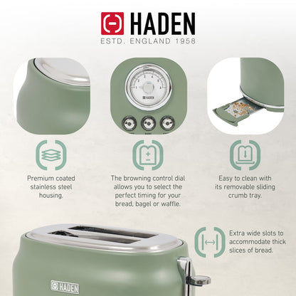 Haden Dorset 2 Slice Wide Slot Stainless Steel Toaster, Cedar Green & Chrome