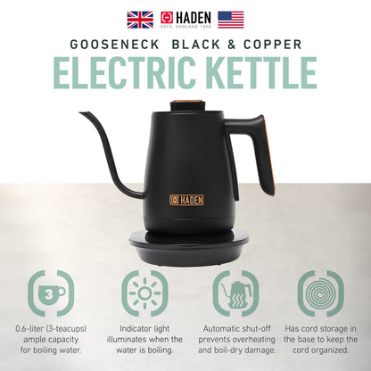 Haden Electric Tea Kettle, Gooseneck Hot Water Boiler, 0.6L Teapot, Black/Copper