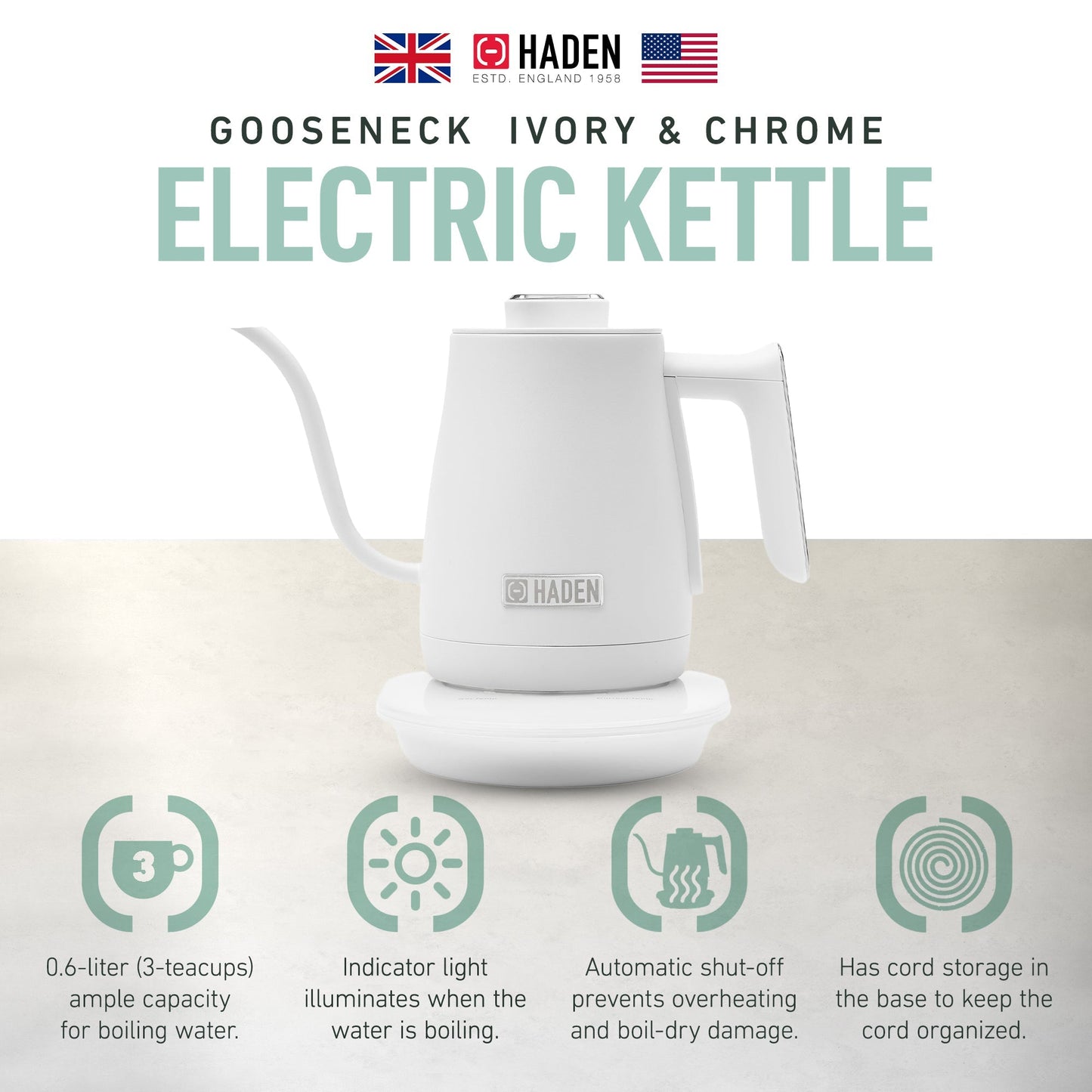Haden Electric Tea Kettle, Gooseneck Hot Water Boiler, 0.6L Teapot, Ivory/Chrome