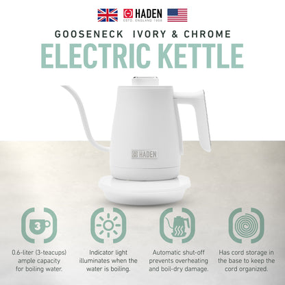 Haden Electric Tea Kettle, Gooseneck Hot Water Boiler, 0.6L Teapot, Ivory/Chrome