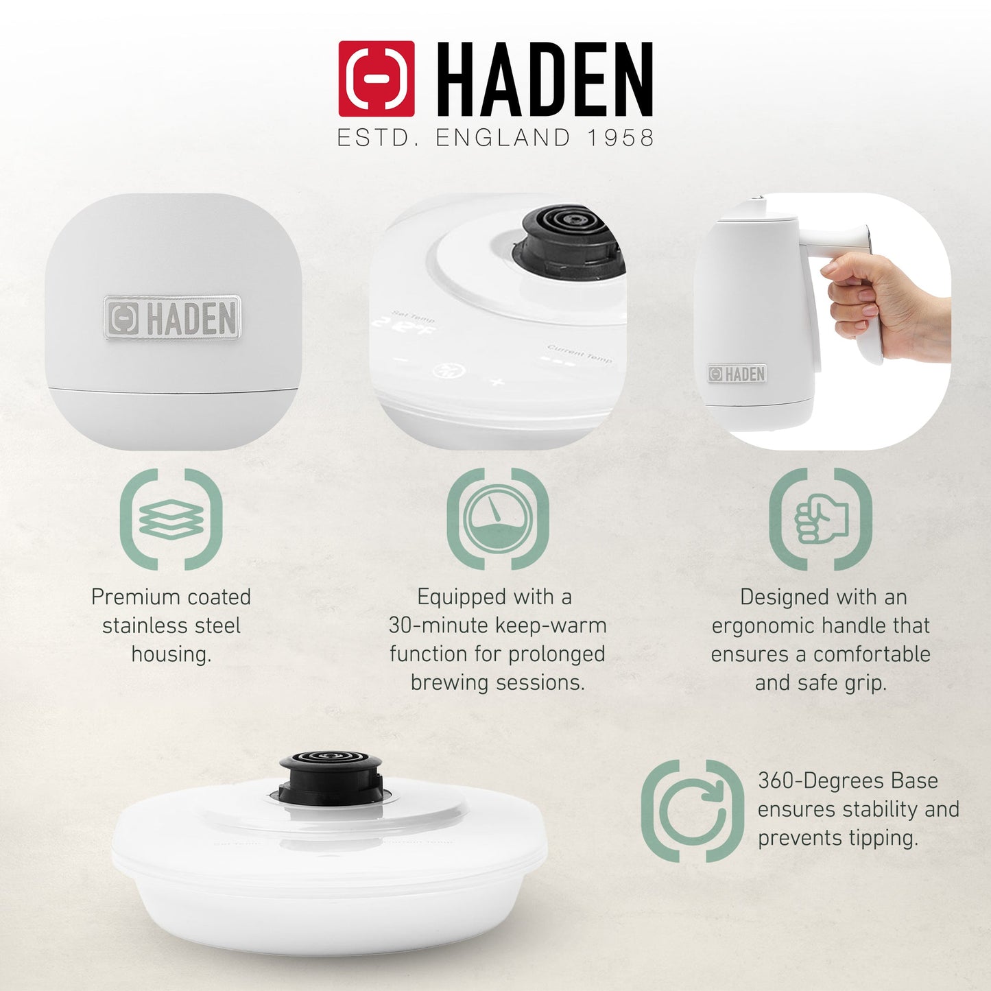 Haden Electric Tea Kettle, Gooseneck Hot Water Boiler, 0.6L Teapot, Ivory/Chrome