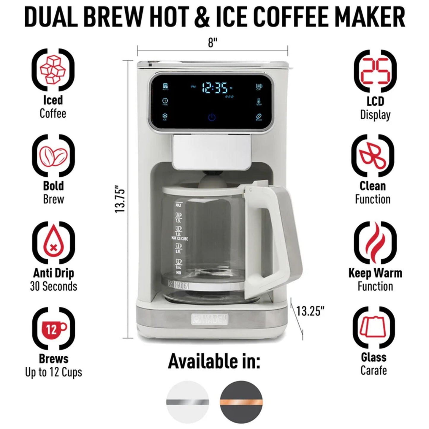 Haden Dual Brew 10 Cup Hot & Ice Programmable Digital Coffee Maker, Ivory/Chrome