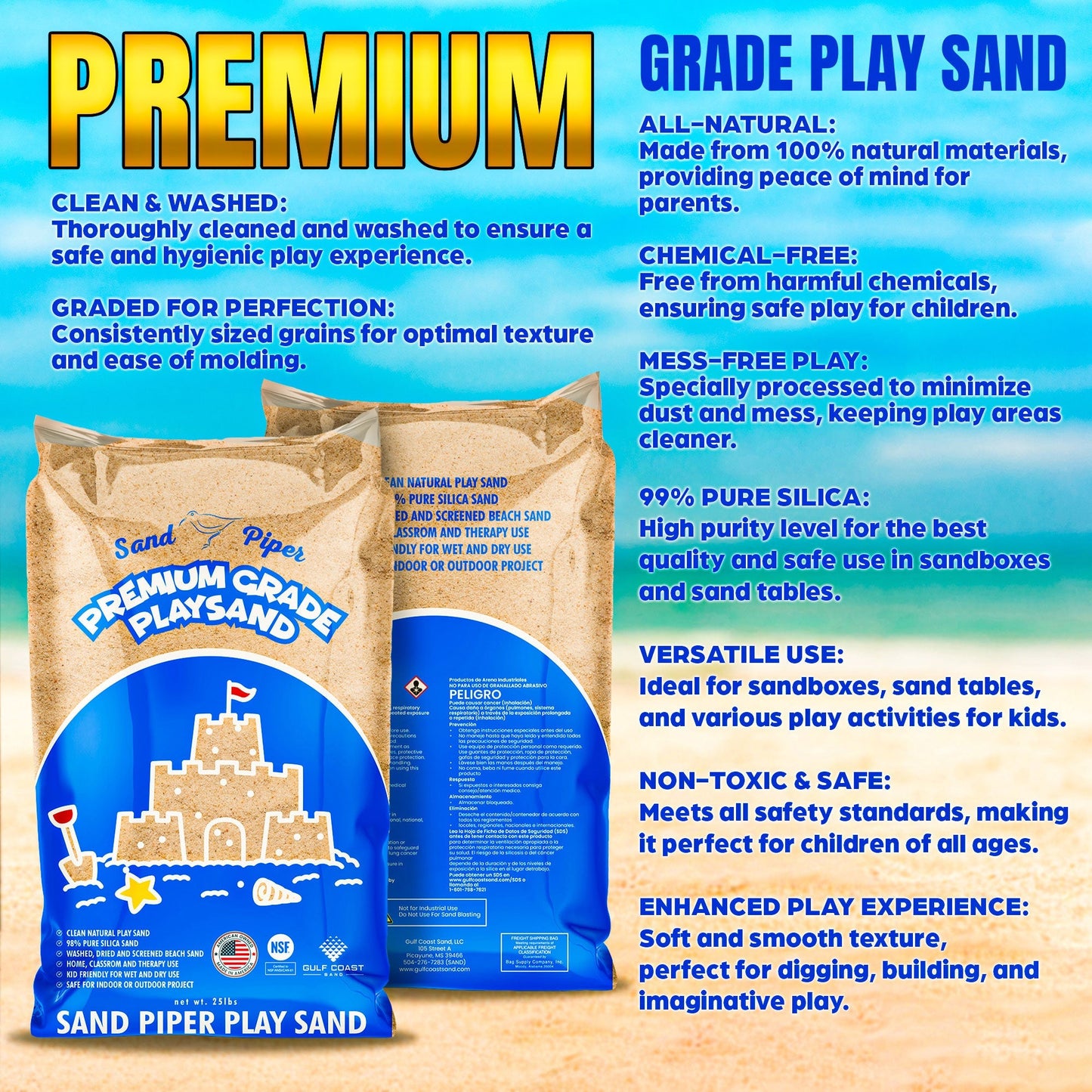SandPiper 50lb Premium Grade Multi-Use Play Sand, Chemical Free Formula, 3 Pack
