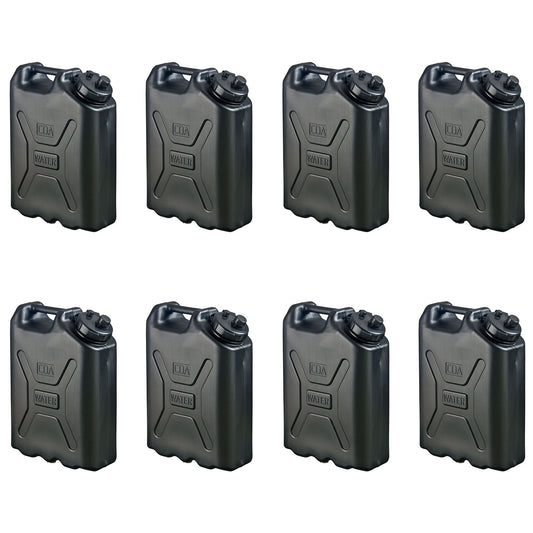 Scepter 5 Gallon Heavy Duty Military Style HDPE Water Container, (8 Pack), Black